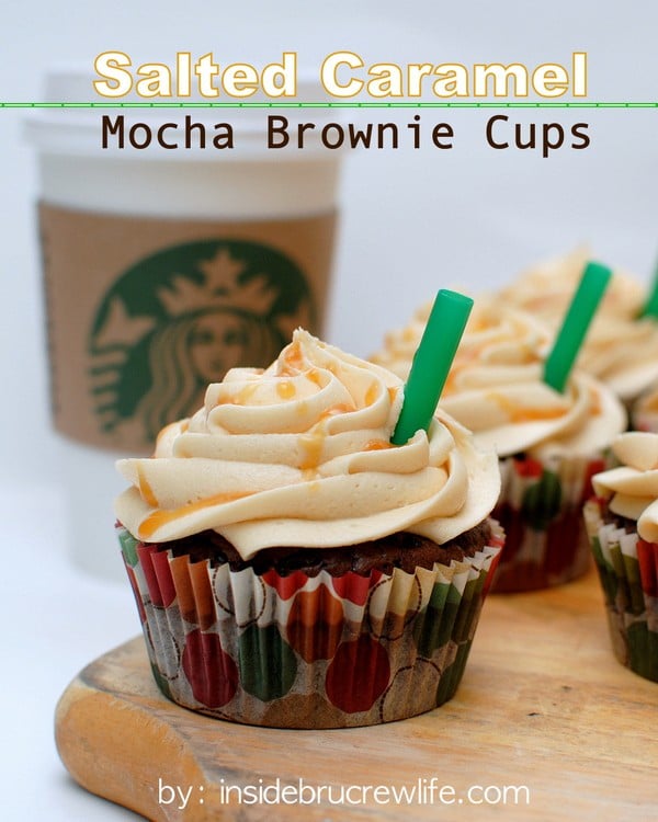 Salted Caramel Mocha Brownie Cups - a hidden caramel candy and salted caramel frosting makes these brownies disappear in a hurry. Make this easy recipe for parties and picnics and watch everyone smile. #brownies #cupcakes #frosting #saltedcaramel #recipe #sweetandsalty