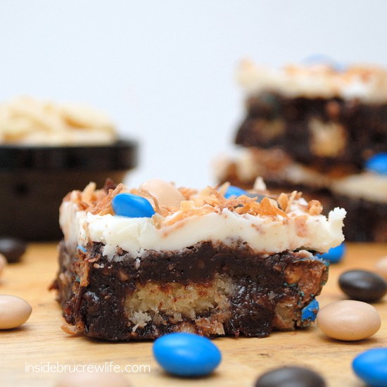Almond Joy Brownies - brownies filled with coconut, almonds, and white chocolate