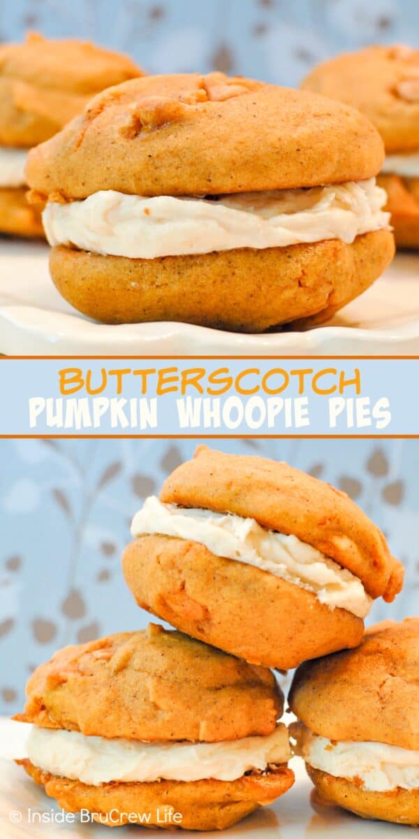 A collage picture of Butterscotch Pumpkin Whoopie Pies.  1 whoopie pie on top and 3 on the bottom.