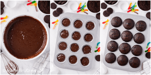 Three pictures collaged together showing how to make chocolate cupcakes.