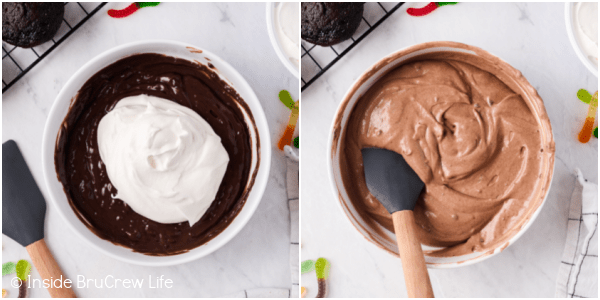 Two pictures collaged together showing the steps to making fluffy chocolate pudding.