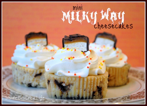 Milky Way Cheesecakes - easy caramel cheesecakes filled with Milky Way candy bar chunks #cheesecake #caramel http:www.insidebrucrewlife.com