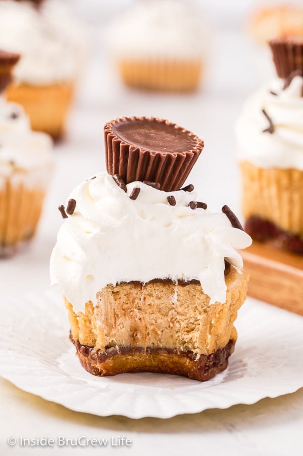 A white paper with a mini peanut butter cheesecake with a bite out of it showing the hidden peanut butter cup crust.