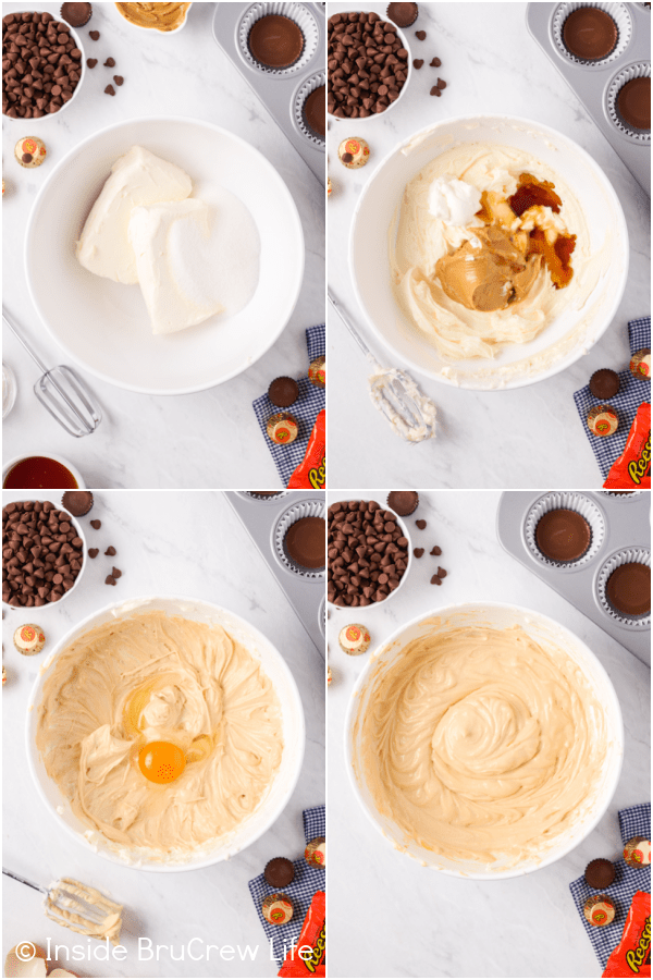 Four pictures collaged together showing the steps to making peanut butter cheesecake batter.