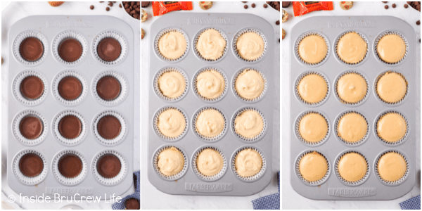 Three pictures collaged together showing how to fill a muffin tin for cheesecake cupcakes.