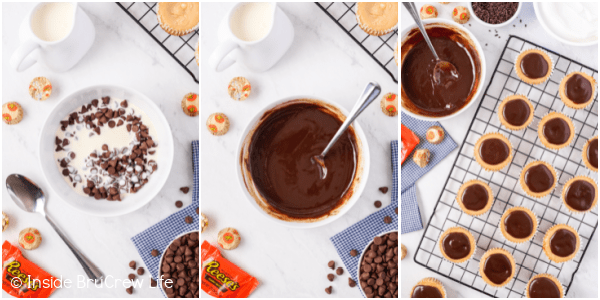 Three pictures collaged together showing how to add a chocolate topping to mini peanut butter cheesecakes.