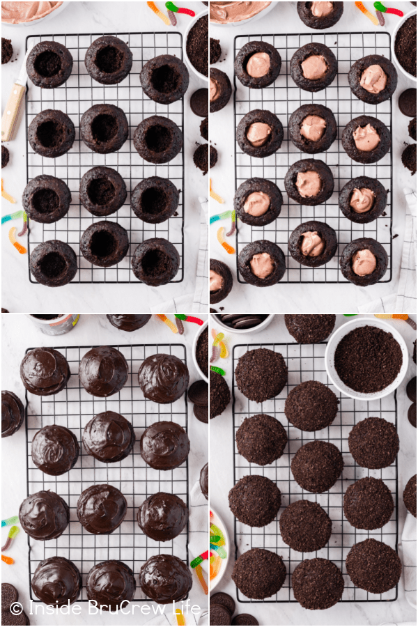 Four pictures collaged together showing the steps to filling and frosting dirt cupcakes.