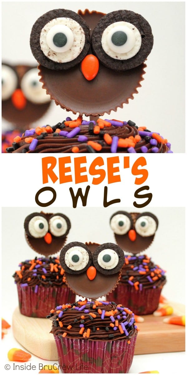 Reese's Owls - Oreo cookies, candy eyes, and peanut butter cups make this a cute candy craft that the kids can help with. Add these to the top of cupcakes for fall parties! #peanutbuttercups #oreos #halloween #fall #ediblecraft #cupcakes #candy #party #treats