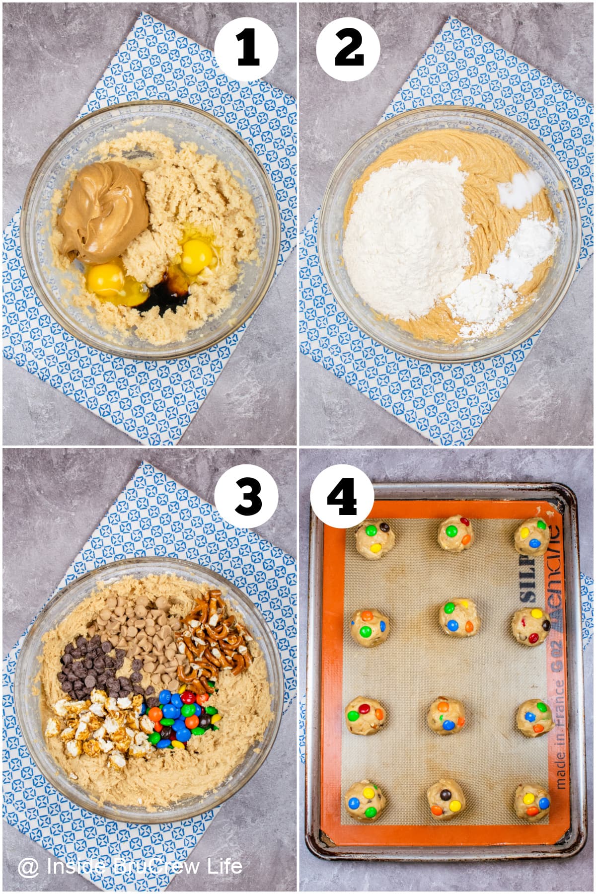 Four pictures showing how to make cookie dough for popcorn cookies.