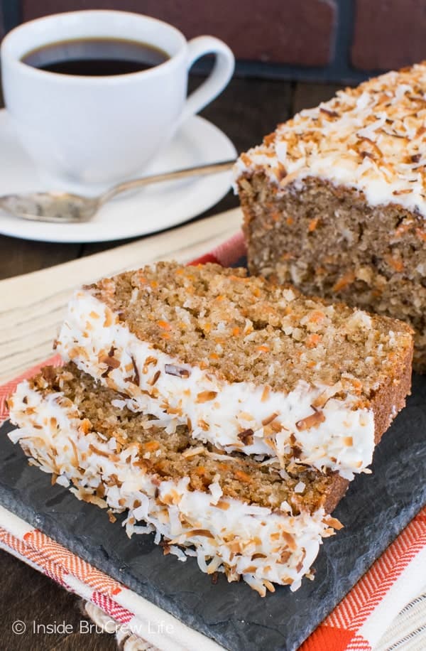 Carrot Coconut Bread - sweet bread loaded with carrots, coconut, and frosting. It's a great recipe to enjoy for breakfast. #sweetbread #carrotcake #coconut #carrot #easter