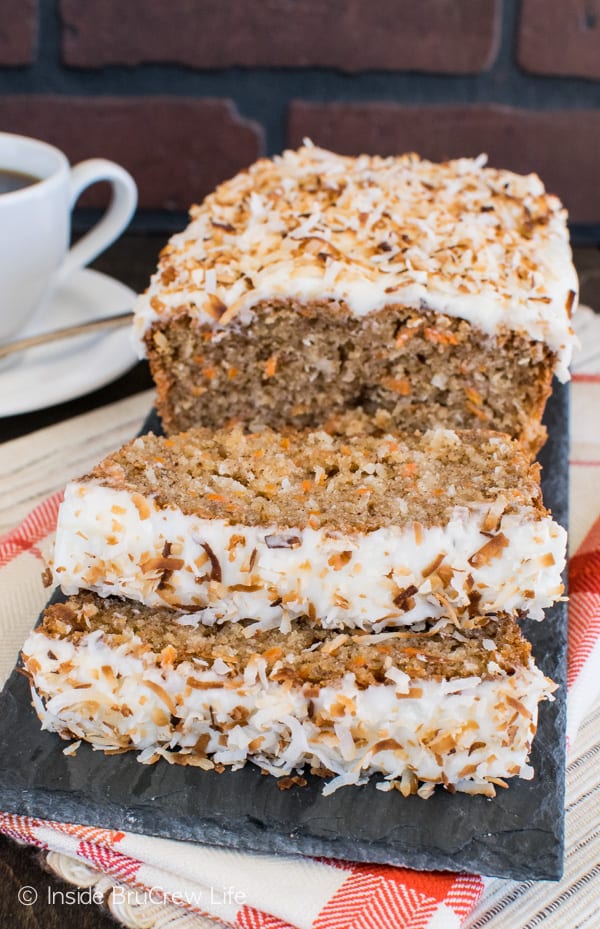 Carrot Coconut Bread - carrots and coconut make this sweet bread taste like you are eating cake for breakfast. Try this easy recipe for brunch or breakfast! #sweetbread #carrotcake #coconut #carrot #easter