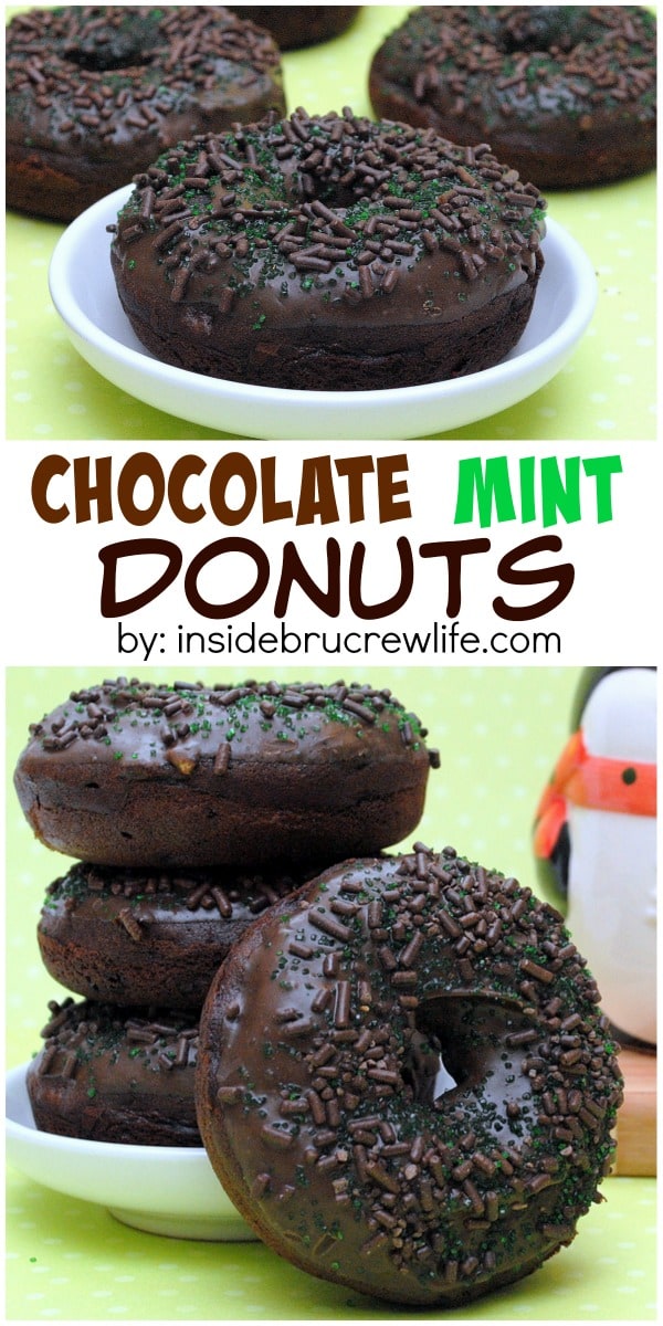2 pictures of chocolate mint donuts with a green background separated by a text box.