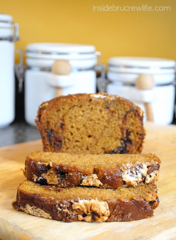 Nutella Marshmallow Pumpkin Bread - easy fall sweet bread with chocolate and marshmallow inside it