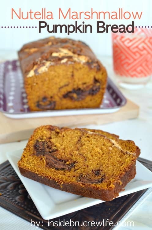 Nutella Marshmallow Pumpkin Bread - sweet pumpkin bread with swirls of Nutella and marshmallow cream. Great fall breakfast recipe!