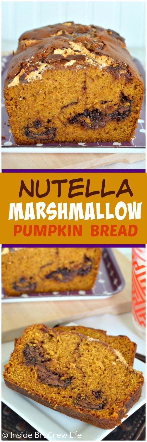 Nutella Marshmallow Pumpkin Bread - swirls of chocolate and marshmallow make this easy sweet bread a delicious fall breakfast recipe.