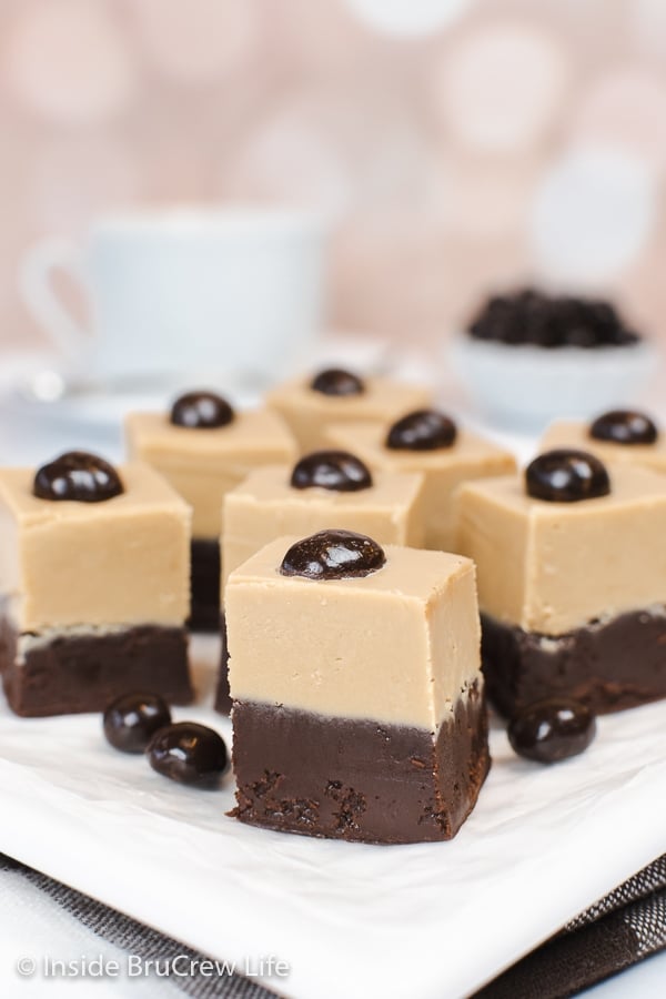 Squares of layered fudge on a white plate.