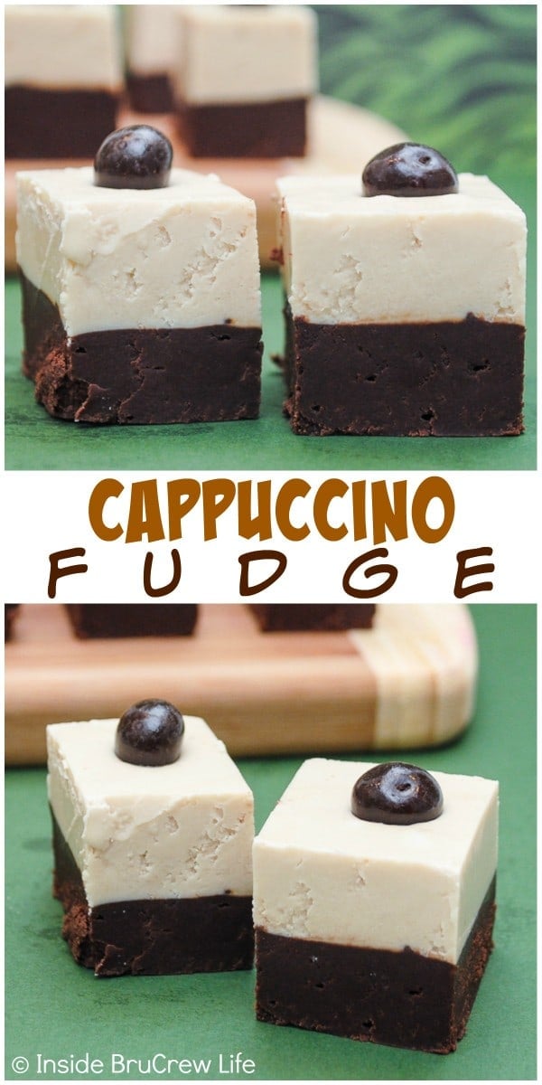 Layers of coffee and dark chocolate fudge makes a great Cappuccino Fudge.  Perfect holiday treat!