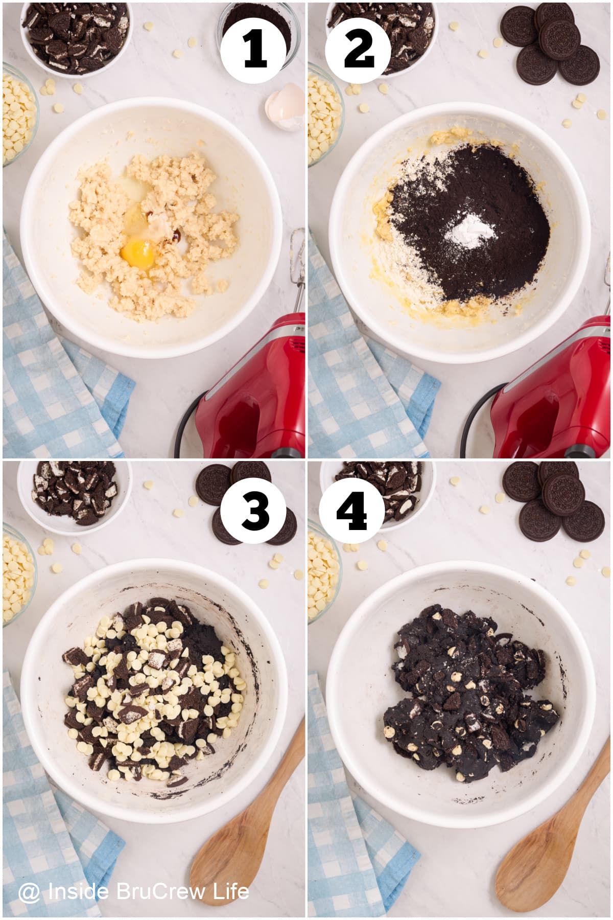Four pictures showing how to make chocolate cookies with Oreo chunks and white chips.