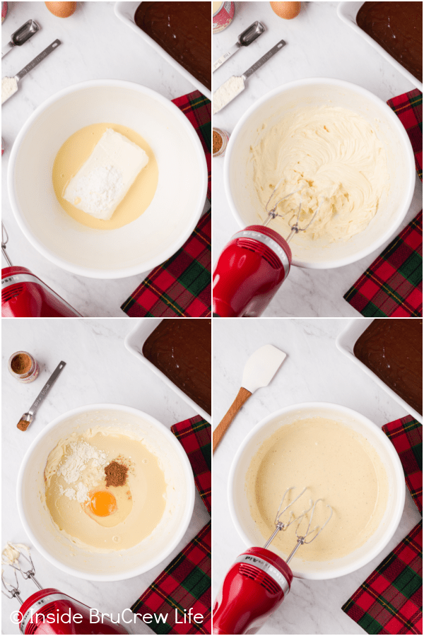 Four pictures collaged together showing how to make eggnog cheesecake.