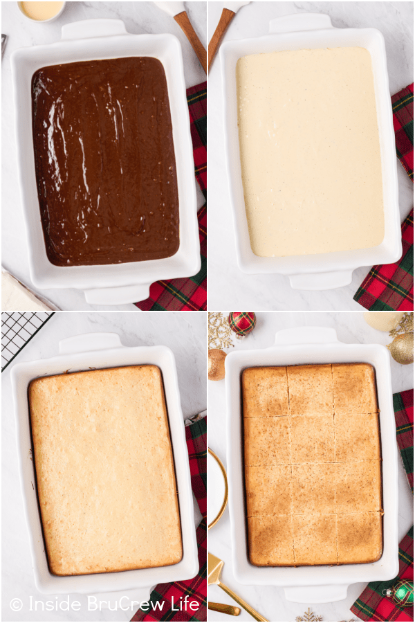 Four pictures collaged together showing how to layer the eggnog cheesecake brownies in a pan.