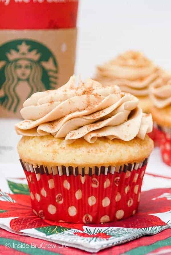 Eggnog Latte Cupcakes - a swirl of coffee frosting on an eggnog cupcake makes these taste just like the coffee shop drink. Great recipe for Christmas!