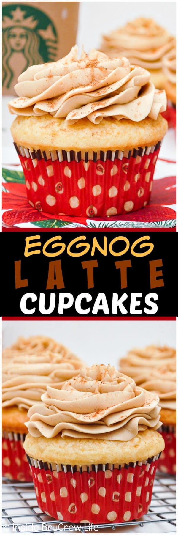 Eggnog Latte Cupcakes - a swirl of coffee frosting on an eggnog cupcake tastes like the popular coffee drink. Great recipe for Christmas parties!