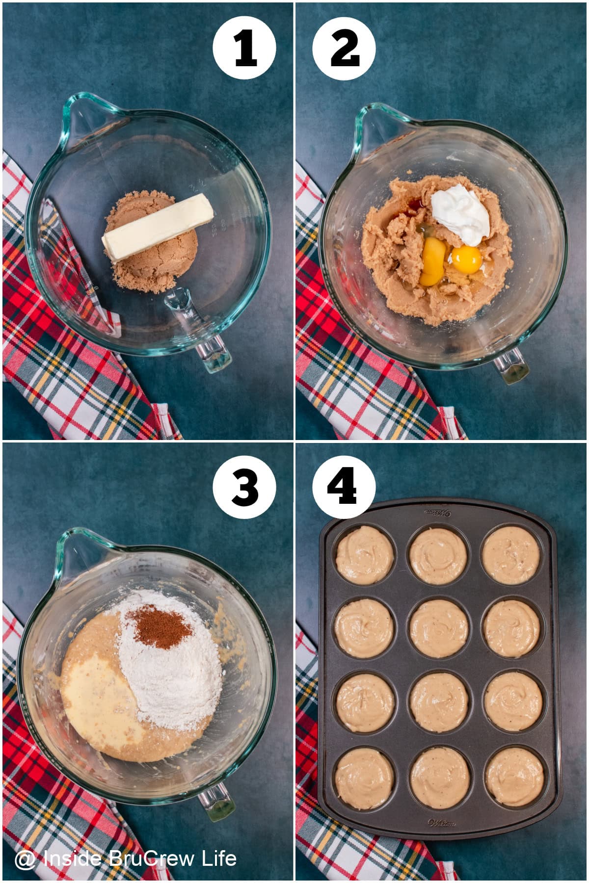 Four pictures collaged together showing how to make muffins with eggnog.