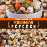 Two pictures of Reese's popcorn collaged with a brown text box.