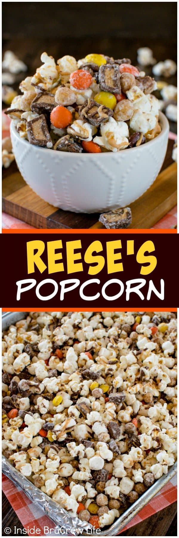 Reese's Popcorn - three times the peanut butter goodness in this easy no bake snack mix makes it disappear. Great recipe for munching on or giving as a gift!