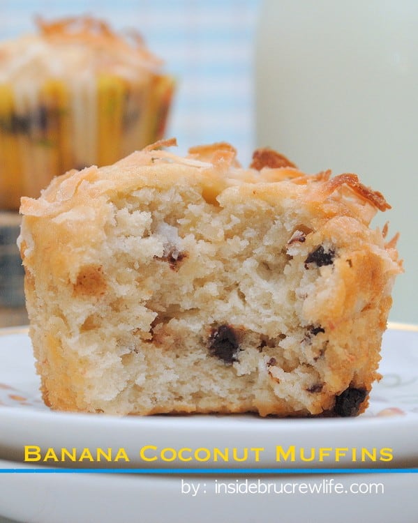 These soft banana muffins with toffee and coconut are a delicious breakfast choice.