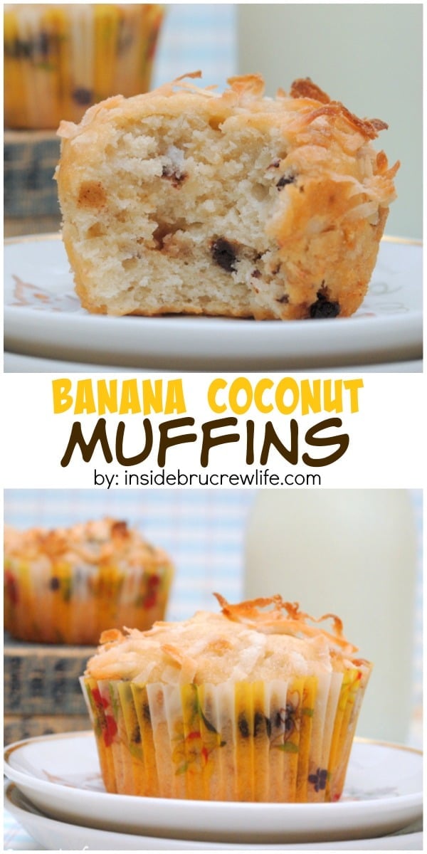 These soft banana muffins with toffee and coconut are a delicious breakfast choice.