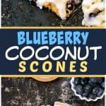 Two pictures of blueberry coconut scones with a blue text box.