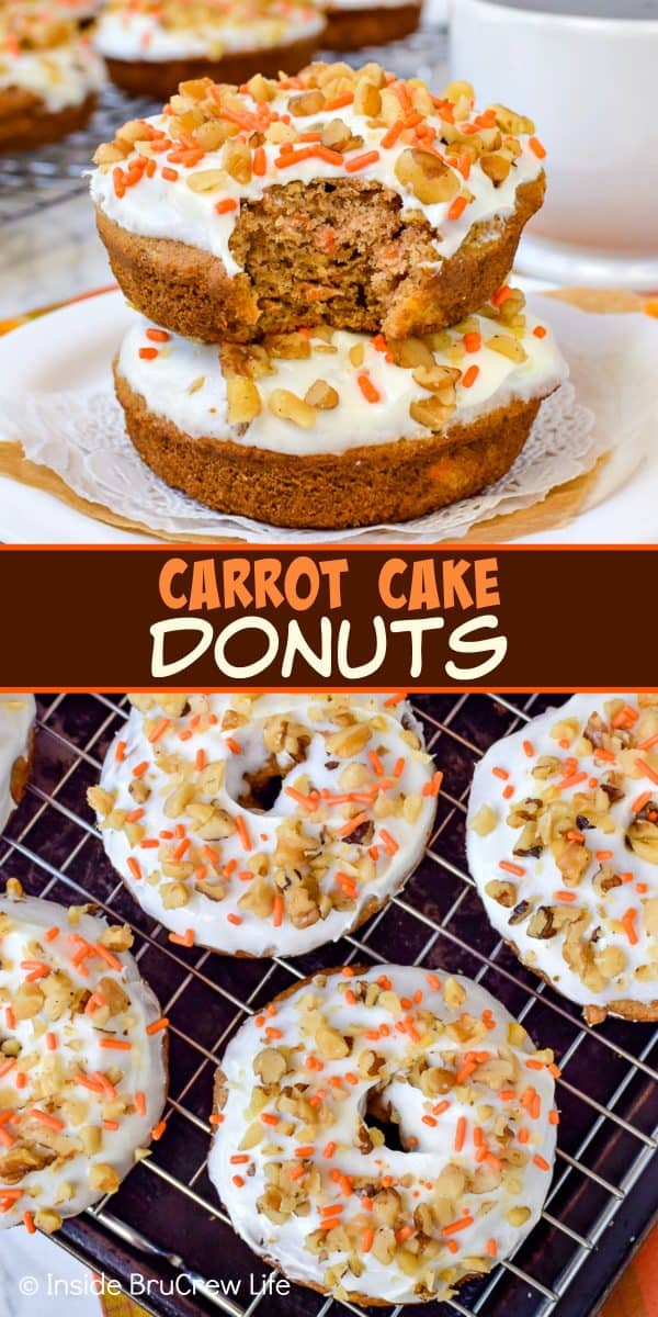 Two pictures of carrot cake donuts collaged with a brown text box.