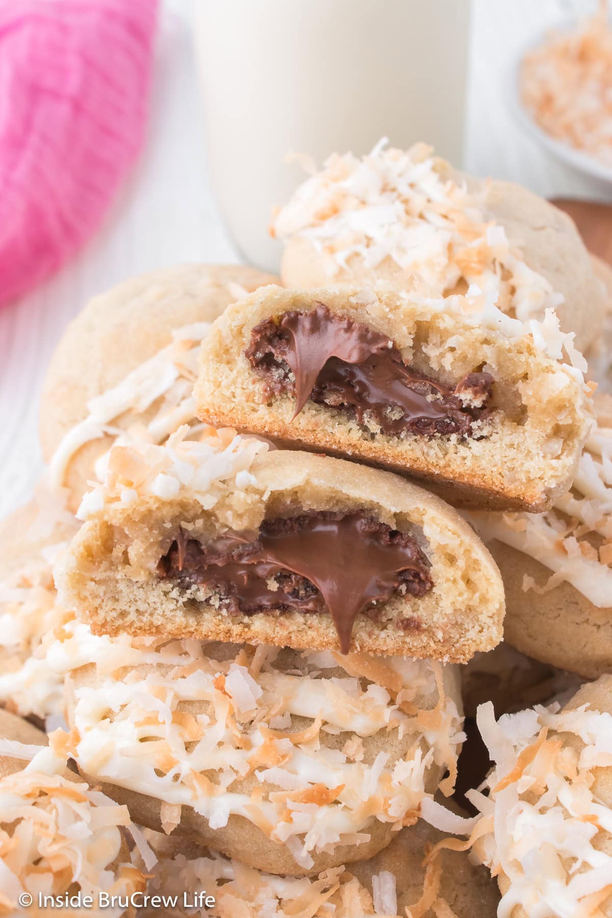 Soft coconut cookies stuffed with a gooey Nutella center.