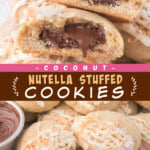 Two pictures of Nutella stuffed cookies collaged with a brown text box.