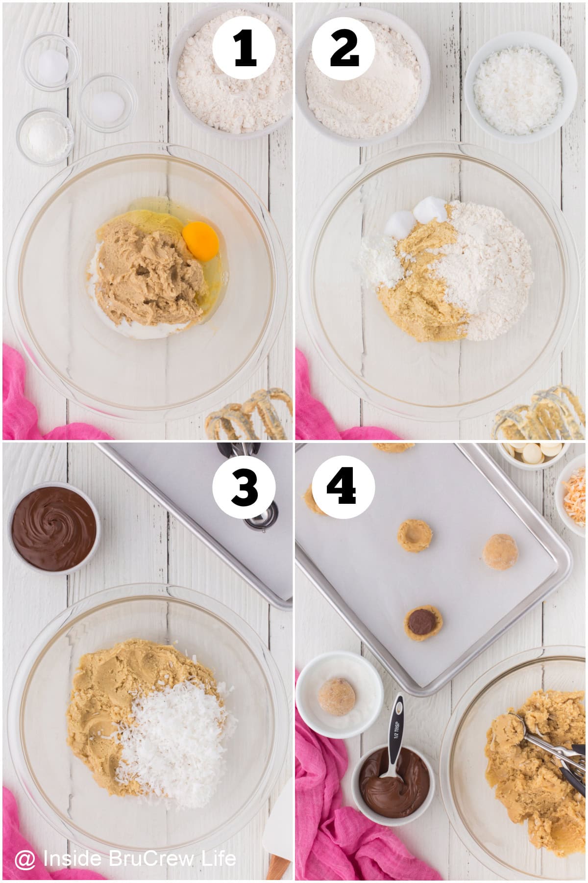 Four pictures collaged together showing how to make stuffed cookies.