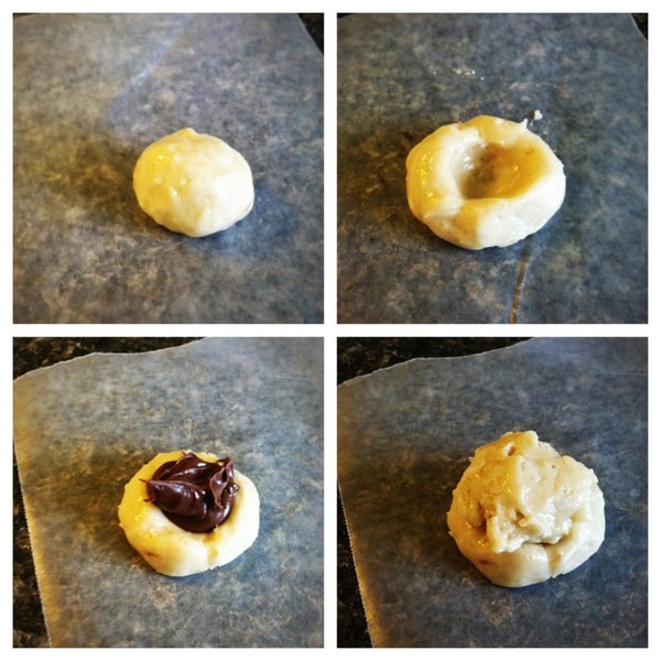 a grid of four pictures showing how to fill the center of the Coconut Nutella Cookies 