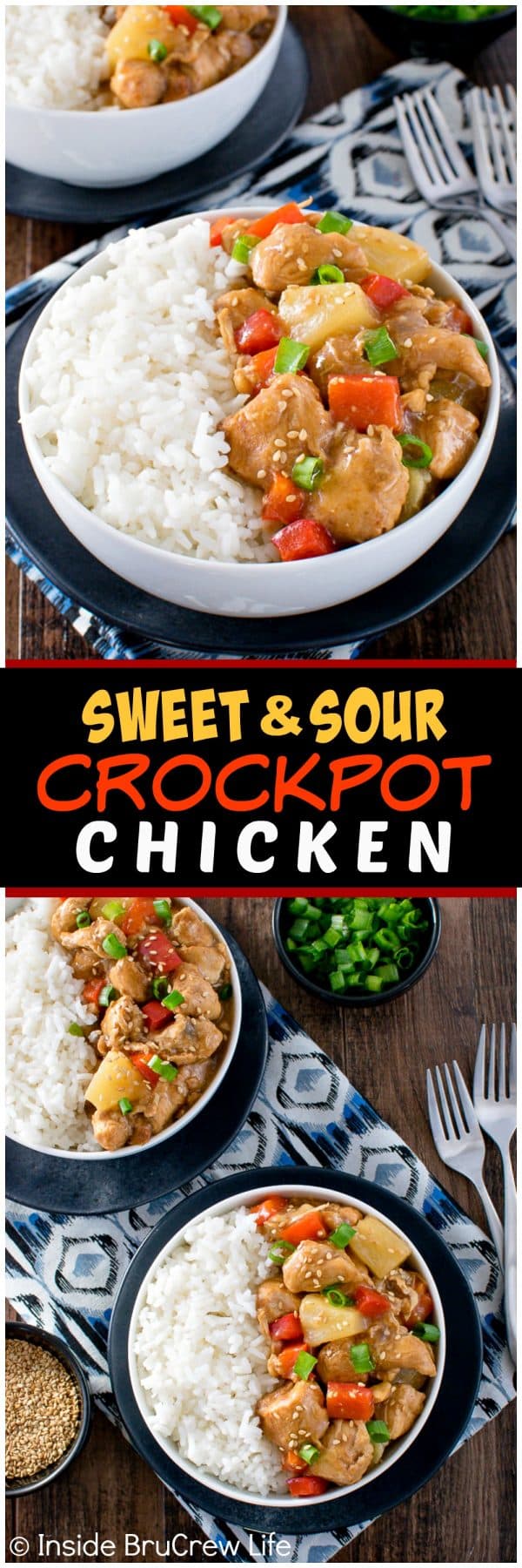 Two pictures of sweet and sour crockpot chicken collaged together with a black text box
