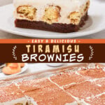 Two pictures of tiramisu brownies collaged with a brown text box.