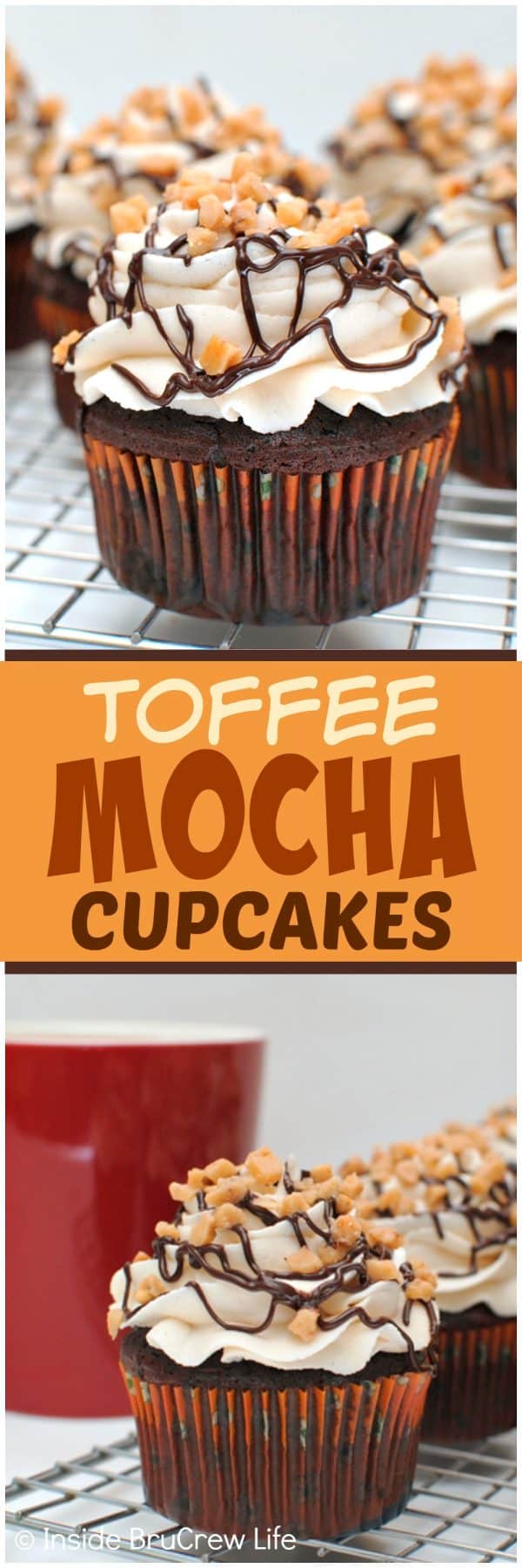 Toffee Mocha Cupcakes - homemade frosting, chocolate drizzles, and toffee bits add a fun flair to these easy chocolate cupcakes! Make this recipe for your next dinner party or picnic! #cupcakes #chocolate #homemadefrosting #toffee #easy #recipe #cakemix