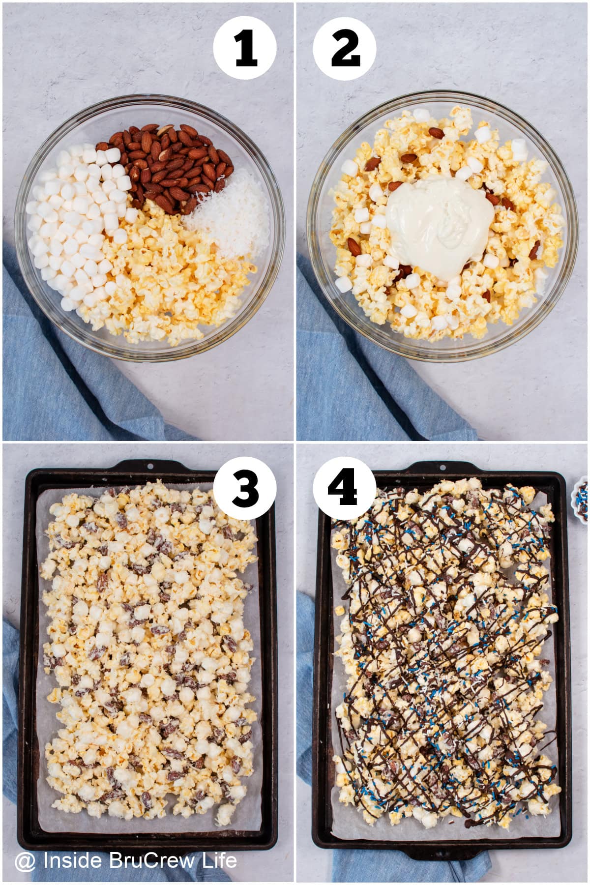 Four pictures collaged together showing how to make almond joy pocorn.