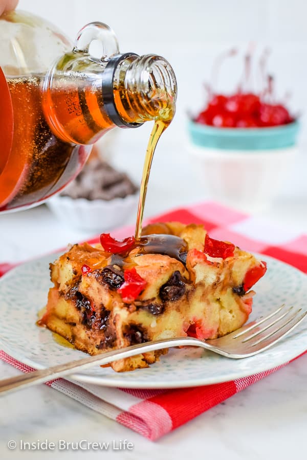 Cherry Chocolate French Toast Bake - this easy breakfast casserole is loaded with chocolate and cherries. It's a delicious choice for breakfast or brunch! #frenchtoast #breakfast #casserole #mothersday #cherry