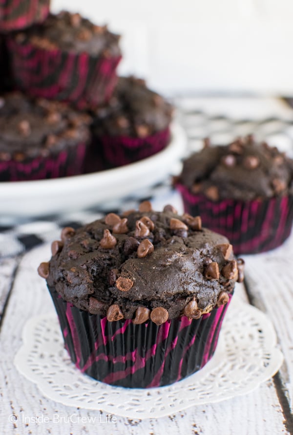 Chocolate Mocha Muffins - dark chocolate muffins loaded with mini chocolate chips makes a great breakfast recipe. Make this recipe ahead of time for quick and easy breakfast treats.