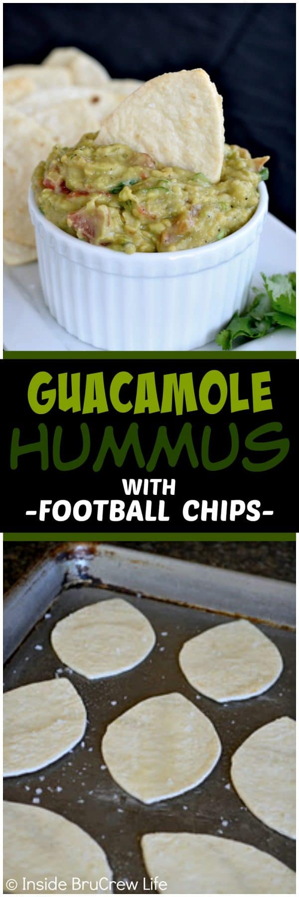 Guacamole Hummus with Football Chips - this chunky and spicy appetizer is made by combining our two favorite dips into one amazing snack. Homemade football chips make this a great recipe for game day parties.