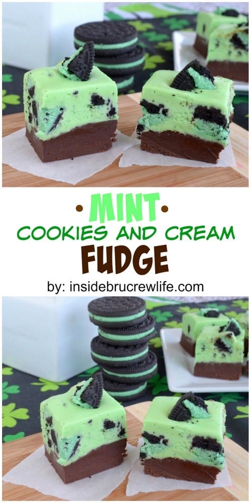 2 pieces of fudge with a chocolate layer and a green mint layer loaded with mint Oreos.