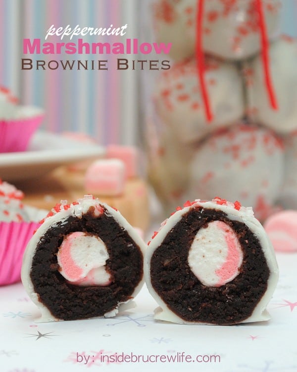 Little brownie truffles filled with peppermint marshmallows and dipped in white chocolate make a fun holiday treat.