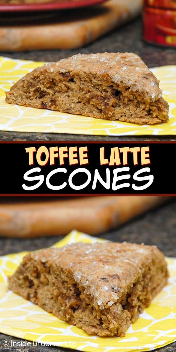 Toffee Latte Scones - these sweet breakfast treats are loaded with toffee bits and coffee flavor. Enjoy this easy recipe with a cup of coffee for breakfast. #scones #toffee #latte #coffee #breakfast #recipe