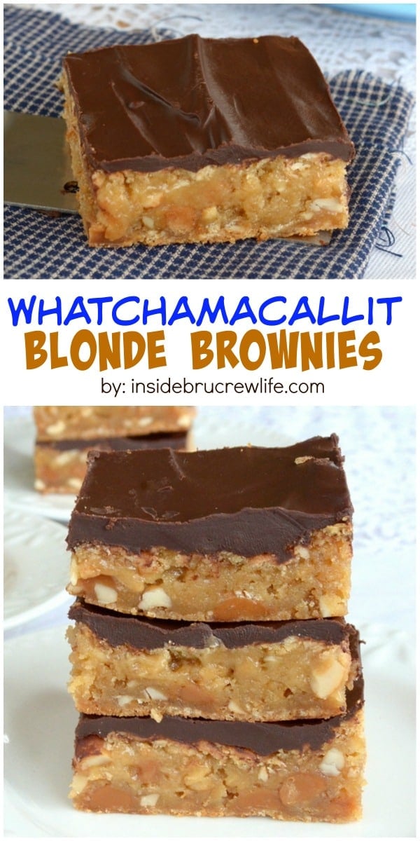 Caramel, peanuts, and chocolate give these blonde brownies a Whatchamacallit candy bar taste.