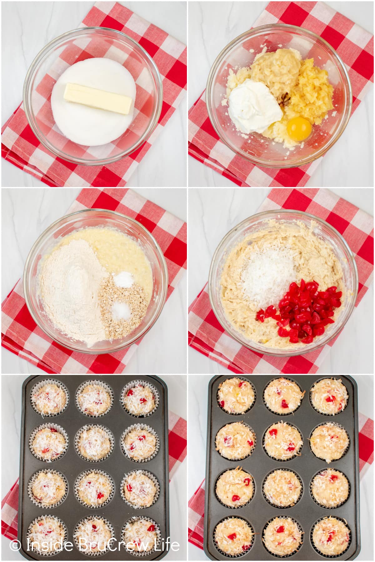 Six pictures collaged together showing how to make tropical muffins.