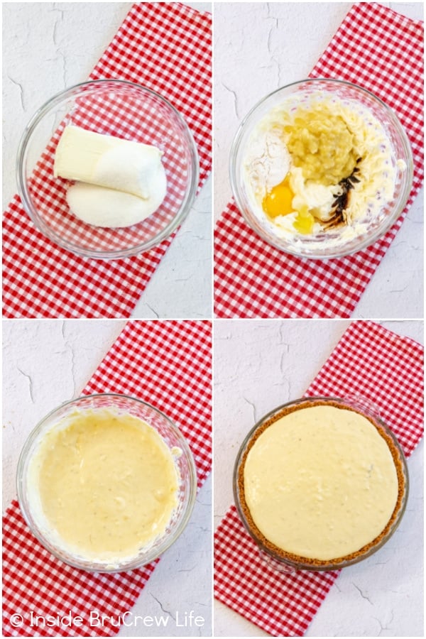 Four pictures collaged together showing how to make the banana cheesecake layer in the banana split pie.